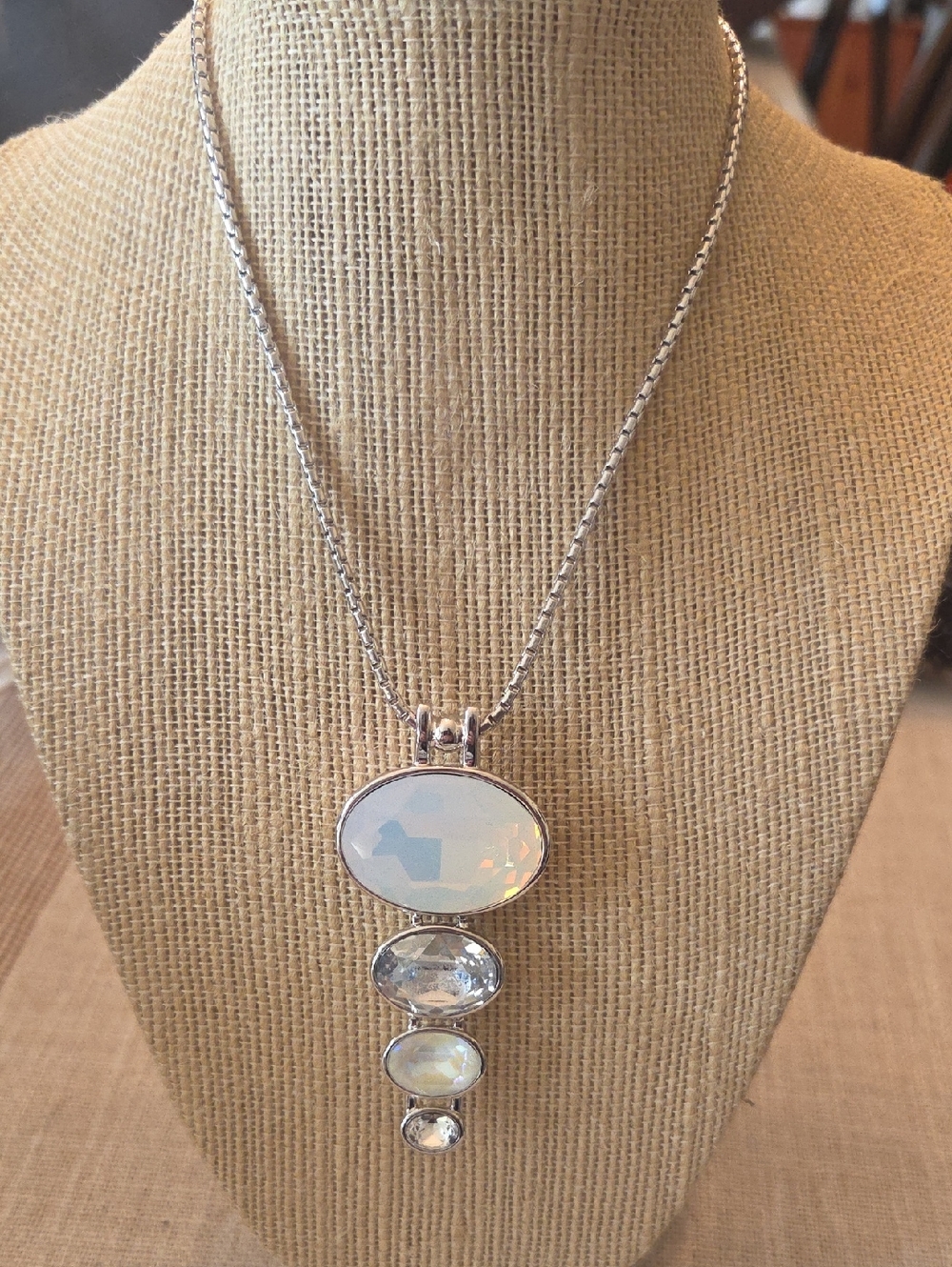 TOUCHSTONE Silver Necklace with Opalescent and Clear Gem Drops 34"